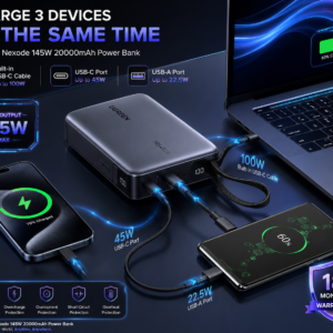 UGREEN Nexode 145W 20000mAh Power Bank charging three devices simultaneously with built-in USB-C cable, 145W fast charging and 18 months warranty.