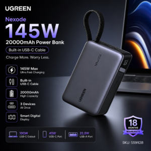 UGREEN Nexode 145W 20000mAh Power Bank Black with built-in USB-C cable, 145W fast charging, digital display and 18 months warranty.