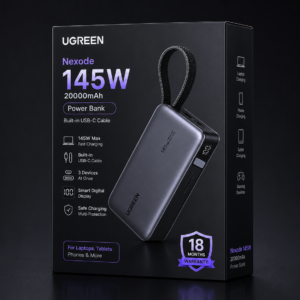 UGREEN Nexode 145W 20000mAh Power Bank retail box packaging with built-in USB-C cable, 145W fast charging, smart display and 18 months warranty.