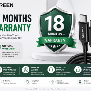 UGREEN 18 Months Warranty e-commerce banner with premium warranty shield, USB-C cable, trusted customer support, and official warranty coverage.