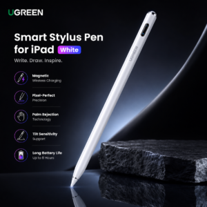 UGREEN Smart Stylus Pen for iPad White luxury dark theme product banner featuring magnetic charging, palm rejection, tilt sensitivity, precision writing, and long battery life.