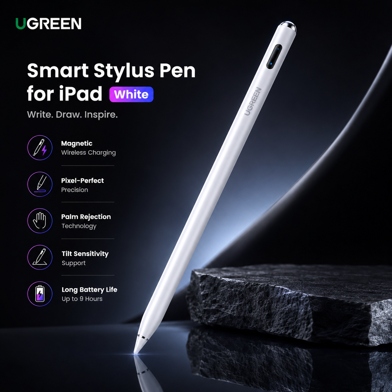 UGREEN Smart Stylus Pen for iPad White – Luxury Dark Edition UGREEN Smart Stylus Pen for iPad White luxury dark theme product banner featuring magnetic charging, palm rejection, tilt sensitivity, precision writing, and long battery life.