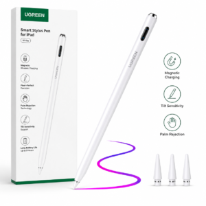UGREEN Smart Stylus Pen for iPad White – Magnetic Charging Stylus UGREEN Smart Stylus Pen for iPad White with magnetic charging, tilt sensitivity, palm rejection technology, replacement tips, and retail packaging displayed in a clean e-commerce product showcase.