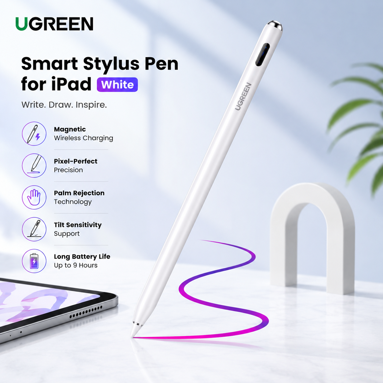 UGREEN Smart Stylus Pen for iPad White promotional image showing magnetic wireless charging, pixel-perfect precision, palm rejection, tilt sensitivity, and long battery life features.