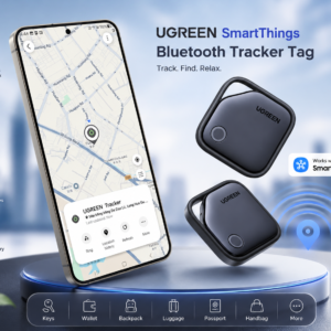 UGREEN SmartThings Bluetooth Tracker Tag with Samsung SmartThings Find app interface, 80dB alarm, 550-day battery life, and real-time location tracking for keys, wallets, bags, and luggage.