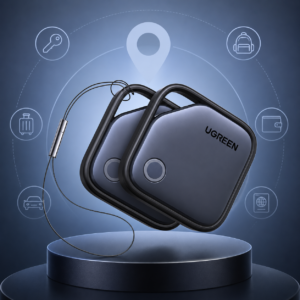 UGREEN SmartThings Bluetooth Tracker Tag with premium floating display, smart item tracking icons, and elegant blue technology background for keys, bags, wallets, luggage, and travel essentials.