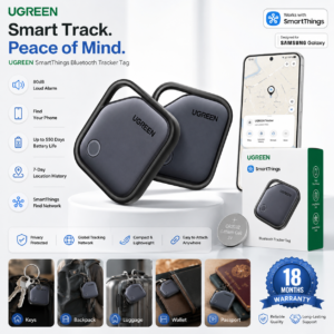 UGREEN SmartThings Bluetooth Tracker Tag with Samsung Galaxy compatibility, 80dB alarm, 550-day battery life, SmartThings Find support, and 18 months warranty.