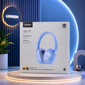 UGREEN Studio Max2 ANC Wireless Headphones retail box displayed on a premium blue neon background with Adaptive ANC, Spatial Sound, and 75-hour battery life features highlighted.