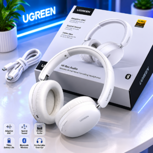 UGREEN Studio Max2 ANC Wireless Headphones with retail box and USB-C charging cable displayed on a premium blue neon e-commerce background.