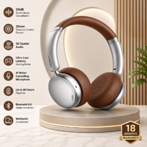 UGREEN Studio Plus ANC Wireless Headphones on premium podium with 25dB ANC, Bluetooth 6.0, AI microphone, and 18 months warranty