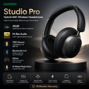 UGREEN Studio Pro Hybrid ANC Wireless Headphones promotional banner highlighting 48dB Hybrid ANC, Hi-Res Audio, 120-hour battery life, Bluetooth 6.0, AI noise reduction, and 18 months warranty.