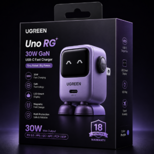 UGREEN Uno RG 30W GaN USB-C Fast Charger Purple retail box with robot-inspired design, PD fast charging support, and 18 months warranty