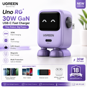 ugreen-uno-rg-30w-gan-usb-c-fast-charger-purple-box2 UGREEN Uno RG 30W GaN USB-C Fast Charger Purple retail box with robot-inspired design, PD fast charging support, and 18 months warranty