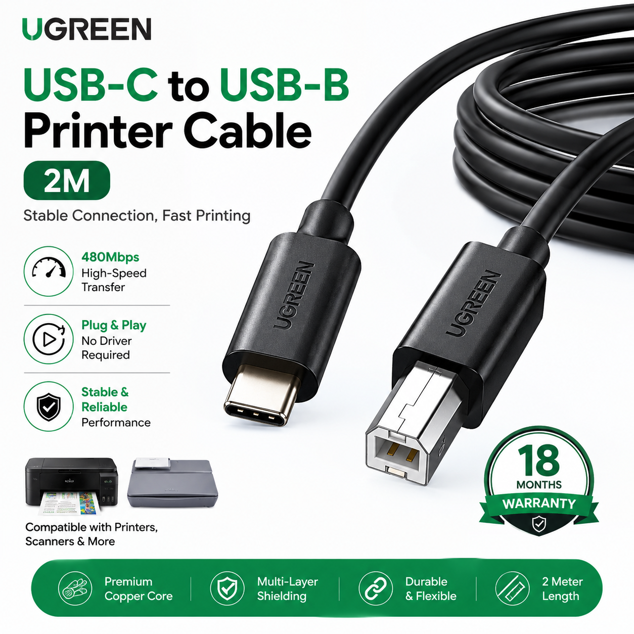 UGREEN USB-C to USB-B Printer Cable 2M Black with 480Mbps data transfer and 18 months warranty