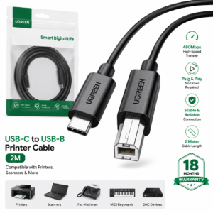 UGREEN USB-C to USB-B Printer Cable 2M e-commerce product image with 480Mbps high-speed data transfer and 18 months warranty