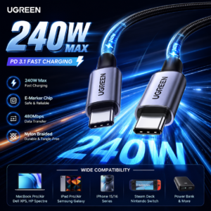 UGREEN USB-C to USB-C PD Fast Charging Cable 240W Max 1m retail box packaging with braided cable and fast charging features