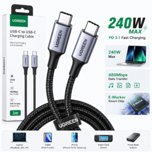 UGREEN USB-C to USB-C PD Fast Charging Cable 240W Max 1m retail box packaging with braided cable and fast charging features