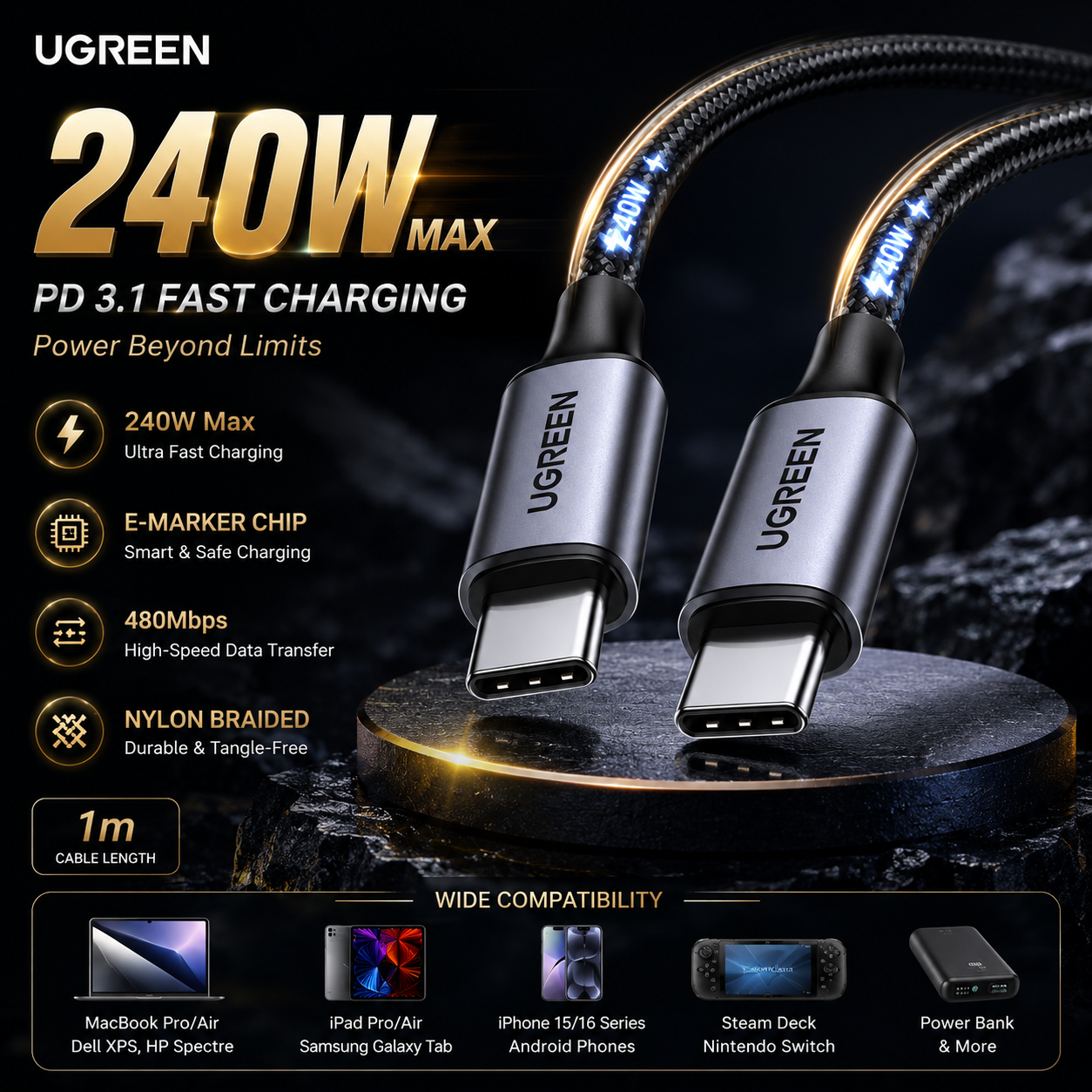 UGREEN USB-C to USB-C PD Fast Charging Cable 240W Max 1m retail box packaging with braided cable and fast charging features
