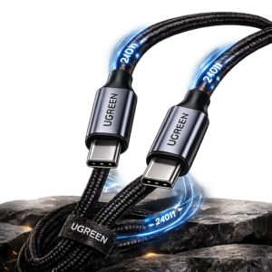 UGREEN USB-C to USB-C PD Fast Charging Cable 240W Max 1m retail box packaging with braided cable and fast charging features