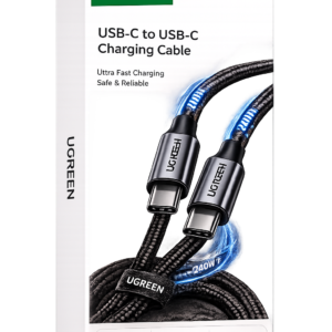 UGREEN USB-C to USB-C PD Fast Charging Cable 240W Max 1m retail box packaging with braided cable and fast charging features