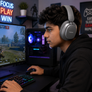 Young gamer wearing BASEUS Bowie D05 Wireless Bluetooth Headset Grey while playing PC games with immersive HiFi stereo sound and low latency performance.