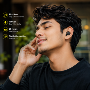 Young Man Listening to Music with Baseus WM01 TWS Earbuds Young man enjoying music with Baseus WM01 TWS Bluetooth Earbuds Black featuring rich bass sound and Bluetooth 5.0 connectivity