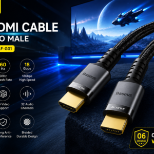 Baseus Cafule 4K HDMI Male to HDMI Male Adapter Cable 3m Black (CADKLF-G01) promotional banner featuring 4K UHD, 60Hz, 18Gbps, HDR, 3D support, gold-plated connectors, braided cable, and 06 months warranty.