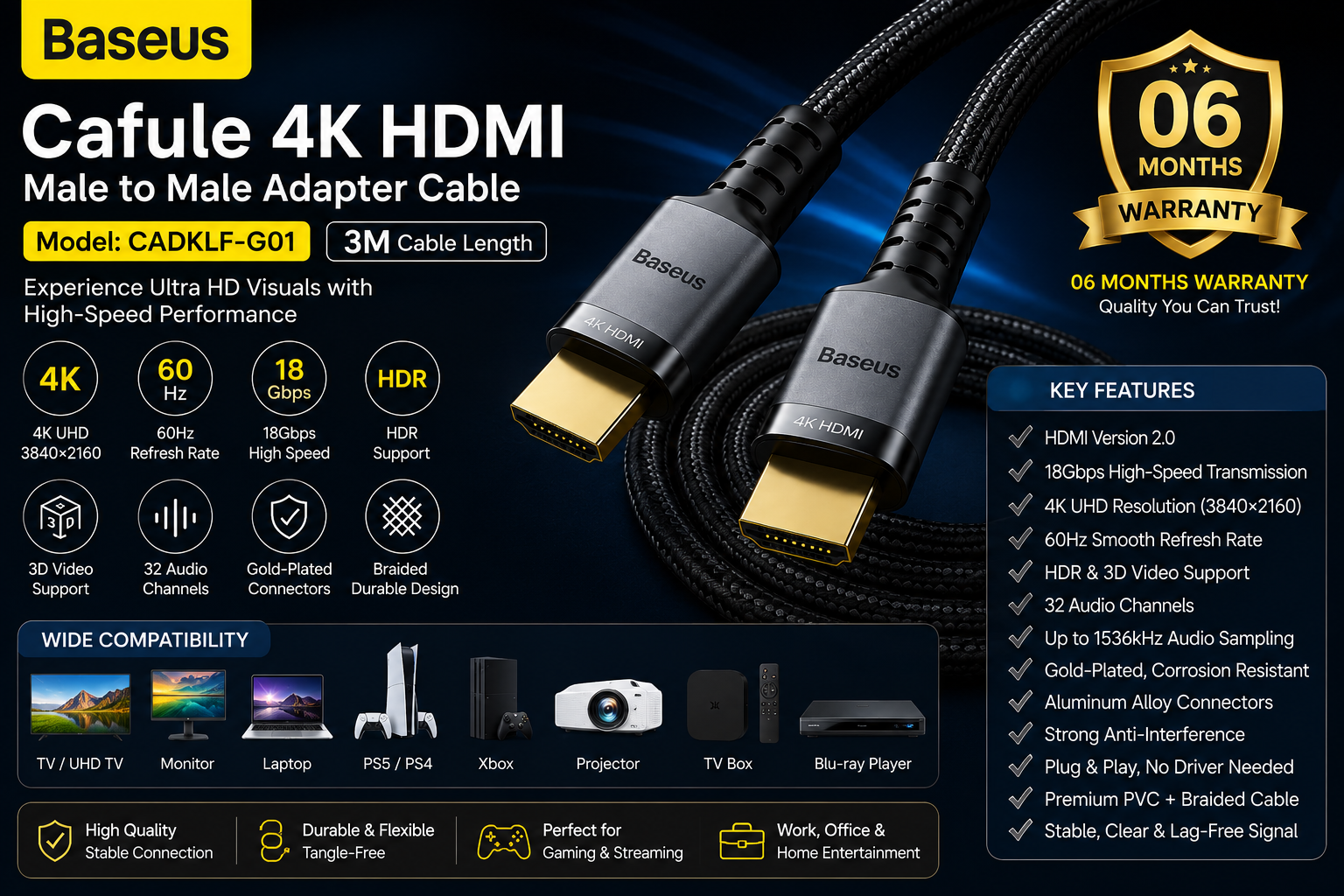 Baseus Cafule 4K HDMI Male to HDMI Male Adapter Cable 3m Black (CADKLF-G01) feature infographic highlighting 4K UHD, 18Gbps, 60Hz, HDR, HDMI 2.0, braided cable, wide compatibility, and 06 Months Warranty.
