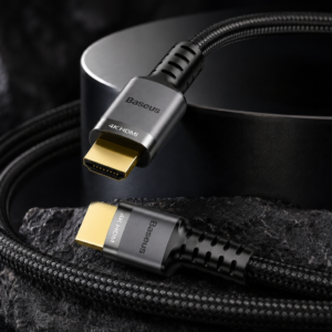 Luxury studio image of Baseus Cafule 4K HDMI Male to HDMI Male Adapter Cable 3m Black (CADKLF-G01) with braided design, gold-plated connectors, HDMI 2.0, and 4K UHD support.