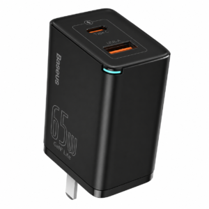 Baseus GaN2 Lite Fast Charger C+U 65W CN (SUPER VOOC) Black CCGL010001 with USB-C and USB-A dual ports for PD fast charging.