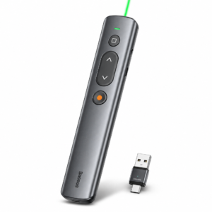 Baseus Orange Dot Wireless Presenter WKCD010013 with green laser pointer, rechargeable battery, USB-A & USB-C receiver in grey color on a clean white background.