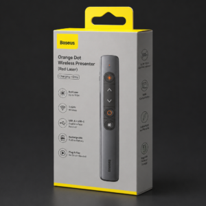 Baseus Orange Dot Wireless Presenter Red Laser Rechargeable Grey WKCD000013 retail box packaging with USB-A & USB-C receiver, 2.4GHz wireless, 100m control range, and rechargeable battery.
