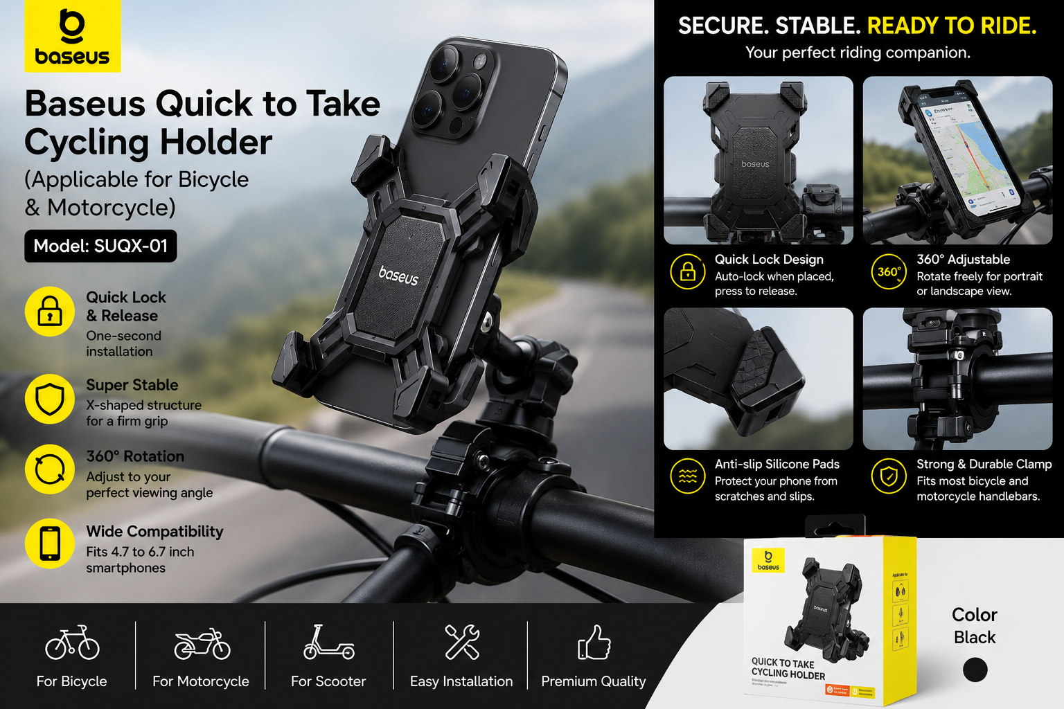 Baseus Quick to Take Cycling Holder SUQX-01 for Bicycle and Motorcycle with 360° Rotation and Quick Lock Phone Mount