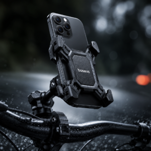 Baseus Quick to Take Cycling Holder SUQX-01 mounted on a bicycle handlebar with secure quick-lock phone holder for motorcycles and bikes