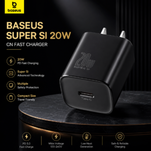 Baseus Super Si 20W CN Fast Charger TZCCSUP-A02 | Luxury Black Theme Baseus Super Si 20W CN Fast Charger (TZCCSUP-A02) Luxury Black Theme promotional image featuring 20W PD fast charging, Super Si technology, compact design, and multiple safety protection.