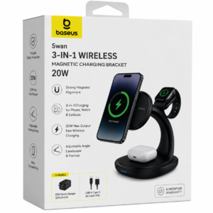 Baseus Swan 3-in-1 Wireless Magnetic Charging Bracket 20W Black retail box with 20W Quick Charger, USB to Type-C cable, and 06 Months Warranty