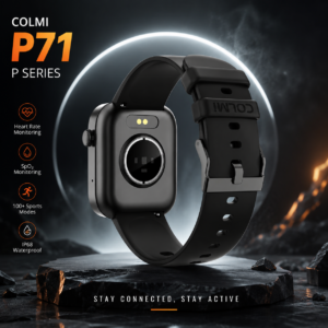 Back view of COLMI P71 P Series Smart Watch Black showing heart rate sensor, magnetic charging pins, IP68 water resistance, 100+ sports modes, and premium silicone strap.