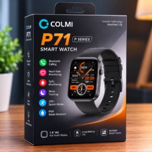 COLMI P71 P Series Smart Watch Black retail box packaging featuring Bluetooth Calling, 1.9-inch HD Display, Heart Rate Monitoring, SpO₂ Tracking, 100+ Sports Modes, and IP68 Water Resistance.