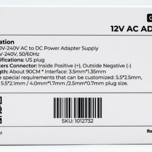 GearUP 12V 2A AC Adapter Box Back Side with Specifications for Router, Mini UPS, ONU and CCTV Devices