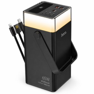 HOCO DB103A Intelligent Balance 60000mAh 65W PD Fast Charging Power Bank with Built-in Cable and LED Camping Light - Black