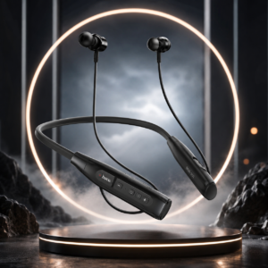 HOCO MMJ-01 Long Battery Life Wireless Neckband Earphones in premium black color with Bluetooth 5.3, ergonomic neckband design, HD microphone, and magnetic earbuds on a luxury dark background.