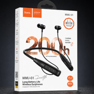HOCO MMJ-01 Long Battery Life Wireless Neckband Earphones retail box featuring Bluetooth 5.3, up to 200-hour battery life, fast charging, and premium packaging design.