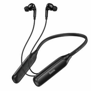HOCO MMJ-09 Long Battery Life Neck-Mounted Bluetooth Earphones with Bluetooth 5.3, 120-hour battery backup, HD microphone, and magnetic earbuds in black.