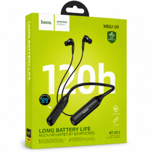 HOCO MMJ-09 retail box featuring 120-hour battery life, Bluetooth 5.3, OVP protection, and premium neck-mounted wireless earphones.
