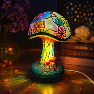 Home Decoration Mushroom Table Lamp USB Powered LED Night Light with Colorful Floral Glass Shade on Wooden Table