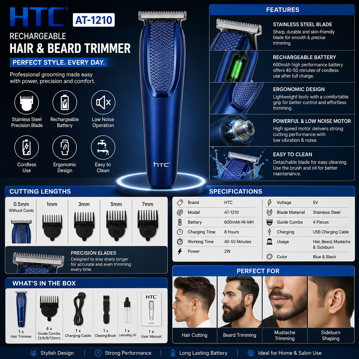 HTC AT-1210 Rechargeable Hair & Beard Trimmer features infographic showing stainless steel blade, rechargeable battery, cutting lengths, specifications, package contents, and grooming applications.