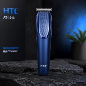 HTC AT-1210 Rechargeable Hair & Beard Trimmer with stainless steel blade in a premium dark studio background for professional grooming.
