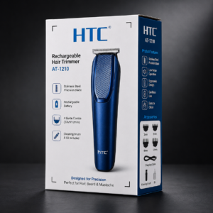 HTC AT-1210 Rechargeable Hair Trimmer retail box featuring stainless steel blade, rechargeable battery, 4 guide combs, and grooming accessories.