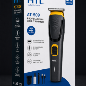 HTC AT-509 Professional Hair Trimmer retail box featuring USB charging, stainless steel precision blade, rechargeable battery, low-noise motor, and ergonomic anti-slip grip.