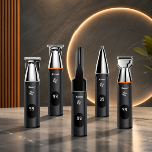 Kemei KM-5857 Professional 4-in-1 Grooming Kit with interchangeable trimming heads displayed on a premium luxury studio background.